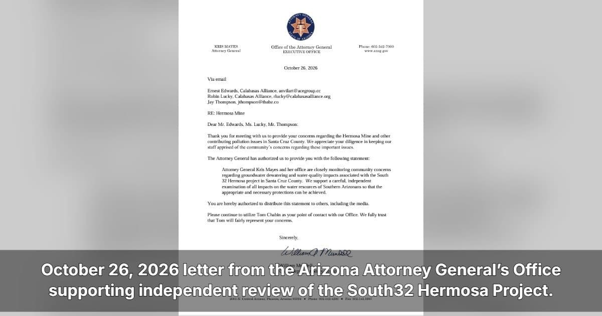 Arizona AG Backs Independent Review of South32 Hermosa Water Impacts